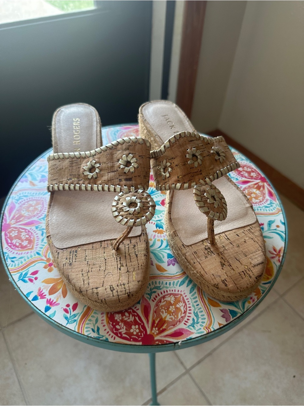 Jack Rogers Cork Tan Wedge Sandals with Floral Medallions